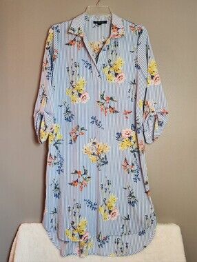 Spense Blue Stripe Floral Tunic Dress with Yellow & Pink Flowers